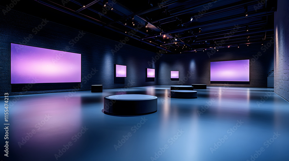 Poster modern art gallery with large screens displaying purple hues in a sleek, dark environment