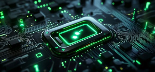 A close-up of a circuit board with glowing green components and intricate details.