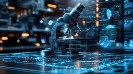 Futuristic microscope in digital lab.