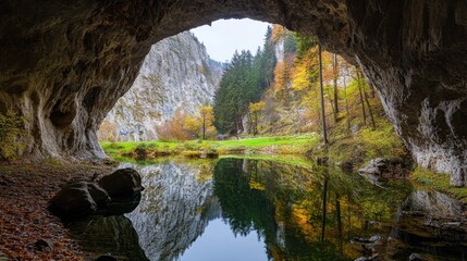 Autumnal Cave Lake Reflection