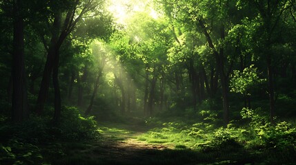 Obraz premium Lush green forest with sunlit path and vibrant natural environment : Generative AI