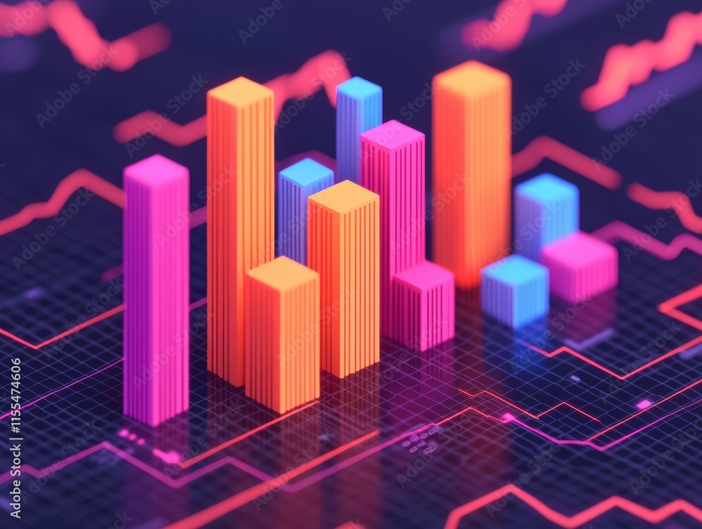 Poster colorful 3d bar chart growing on digital background with red and orange lines representing financial