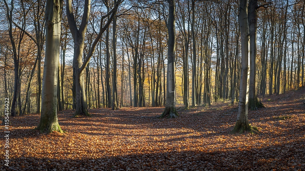 Poster picturesque autumn forest with dense bare trees and ground covered in leaves : generative ai