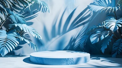 Empty circular podium surrounded by rich tropical plants, palm trees. Tropical plants create natural background for product demonstrations. Ideal for new products eco-friendly brands. Generative AI.