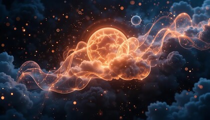 Celestial Orb Embraces Nebulous Clouds in Cosmic Dance