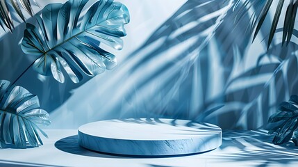 Empty circular podium surrounded by rich tropical plants, palm trees. Tropical plants create natural background for product demonstrations. Ideal for new products eco-friendly brands. Generative AI.