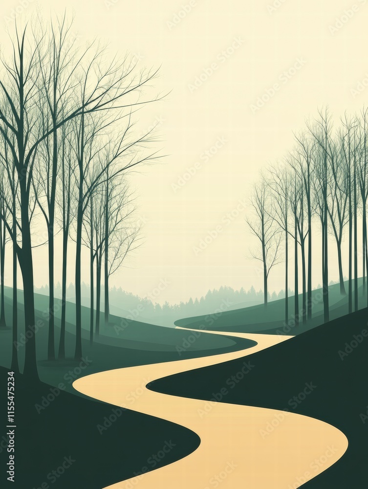 Poster Winding path through a minimalist forest landscape invites reflection and tranquility. Generative AI