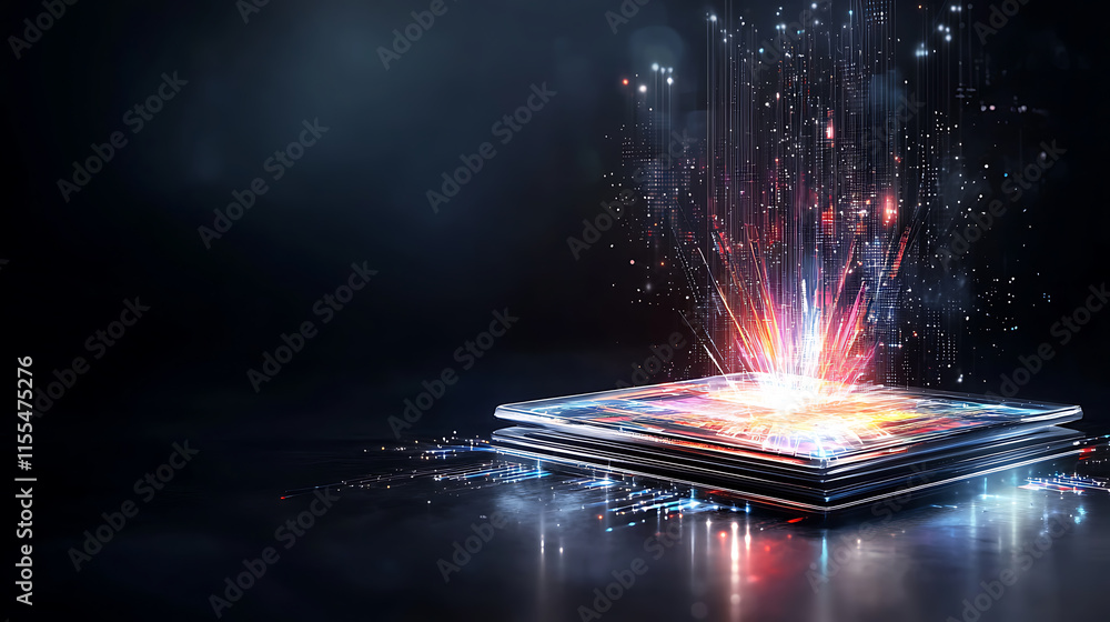 Poster dynamic energy burst from a computer chip digital realm visual art futuristic environment abstract v