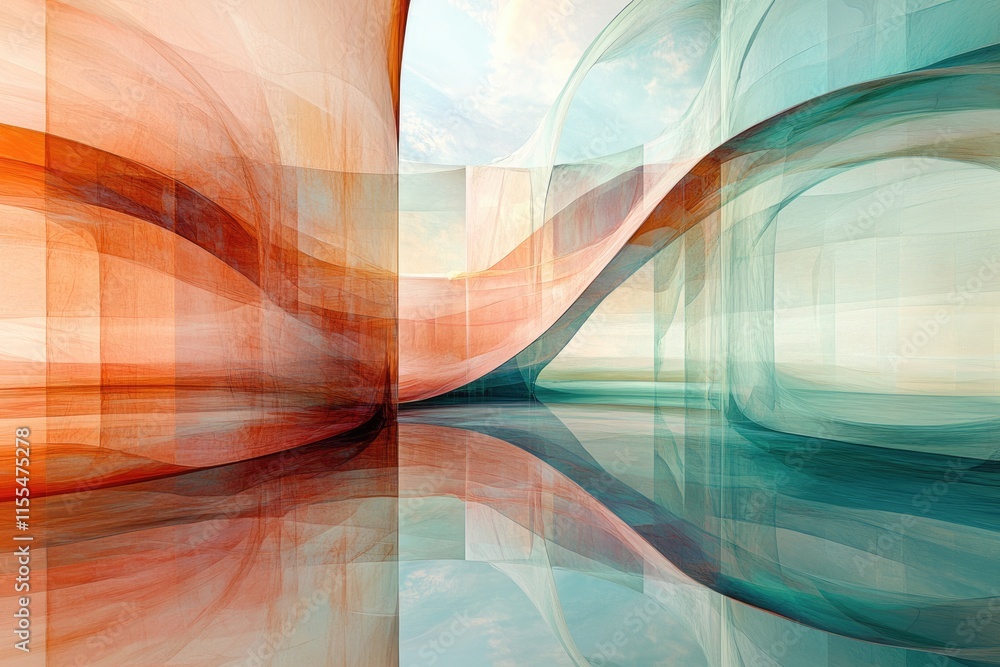 Aufkleber abstract architectural rendering with flowing, translucent forms in teal and orange, reflecting a se