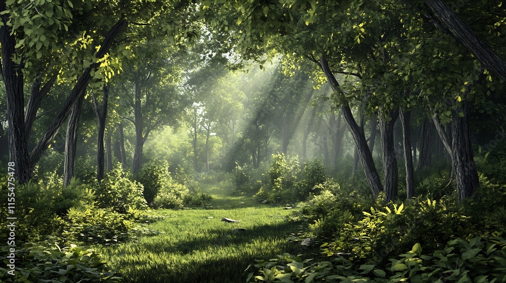Poster serene sunlit path through lush woodland with verdant foliage and soft sunbeams : generative ai
