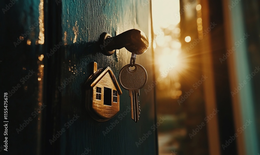 Poster a close-up of a key and house keychain in a door lock with sunlight in the background.