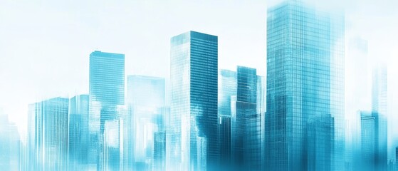 A misty cityscape featuring modern skyscrapers, evoking a serene urban atmosphere.