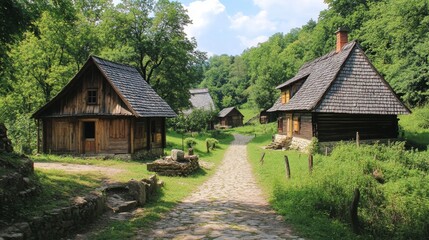 Charming Wooden Houses in a Peaceful Village
