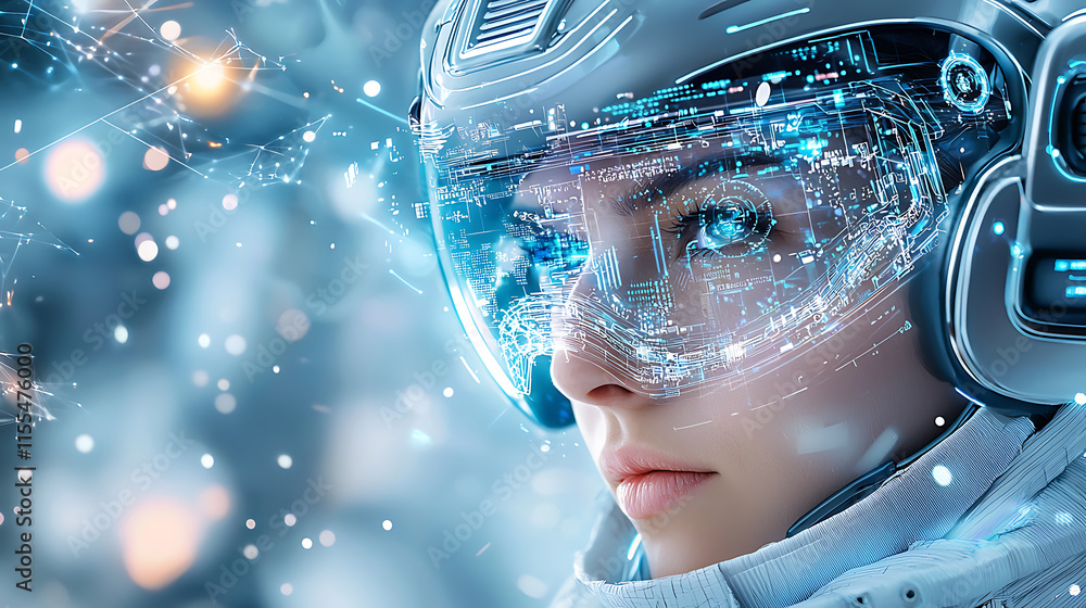 Poster futuristic space exploration event featuring female astronaut in sci-fi environment with digital int