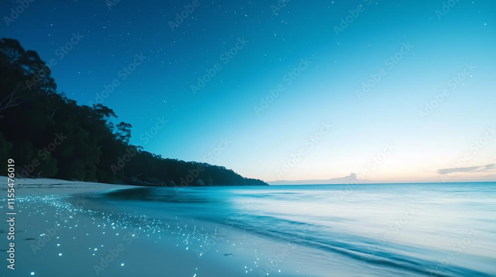 Poster calm twilight beach view with soft waves lapping against the shore and a serene sky in the backgroun