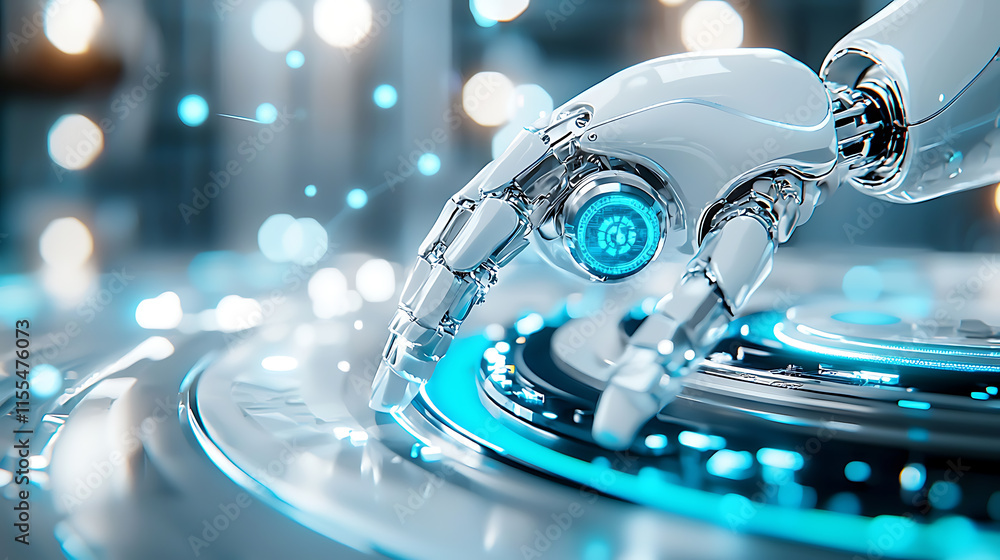 Poster innovative robotic hand manipulation futuristic lab digital art high-tech environment close-up view 