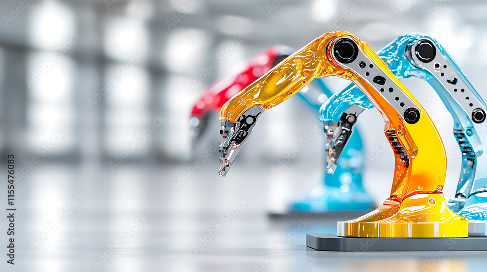Poster industrial automation robotic arms in action high-tech factory digital image bright environment clos