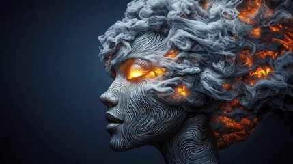 Fiery Mind: Womans Head with Brain on Fire, Illustrating Stress, Anxiety, Mental Health Issues