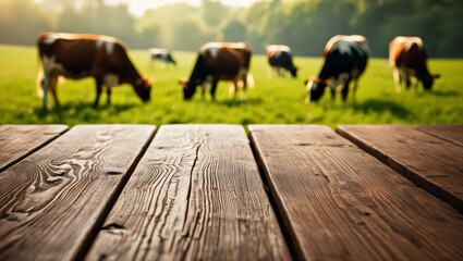 Empty wooden table top with blur green meadow, cows on a grass field