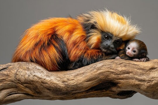 Golden lion tamarin protecting its baby on a branch