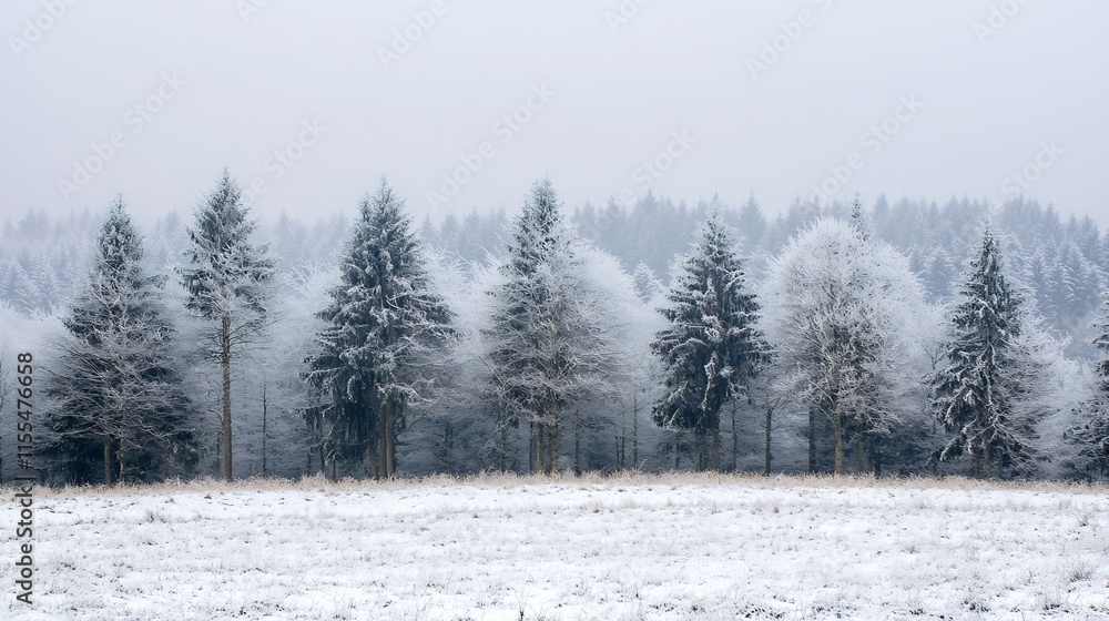 Poster snowcovered winter wonderland forest of evergreen trees : generative ai