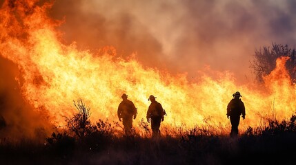 Fototapeta premium Heroic Wildfire Firefighters Battling Intense Flames and Billowing Smoke : Generative AI