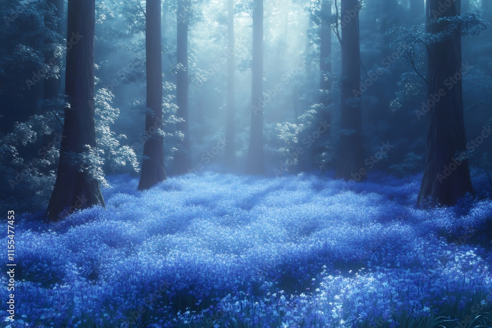 Poster sunbeams filtering through fog in bluebell woods creating magical atmosphere