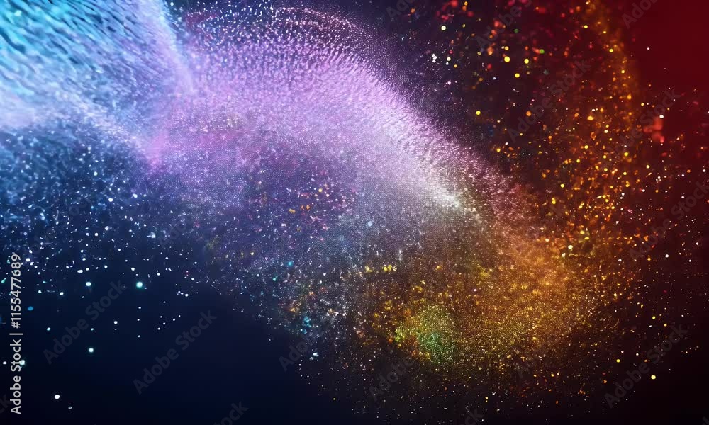 Poster an abstract flow of colorful particles in motion, featuring sparkling textures and a vibrant cosmic 