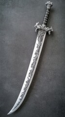A beautifully crafted sword with intricate designs on the blade and hilt.