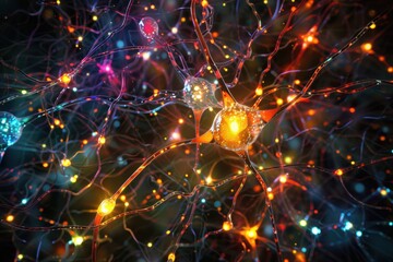 Neural pathways glowing with vibrant light in a futuristic dark background
