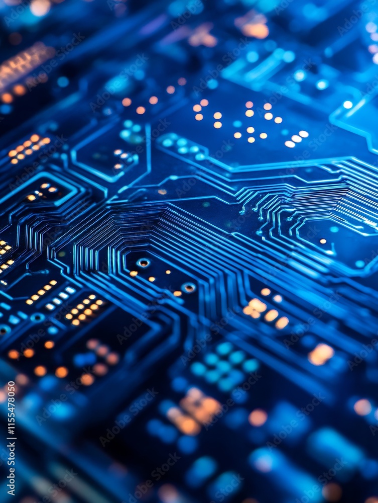 Poster Vibrant Blue Circuit Board with Glowing Pathways and Microchip Connections : Generative AI