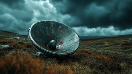 Weathered Loudspeaker on a Moorland Under a Dramatic Sky