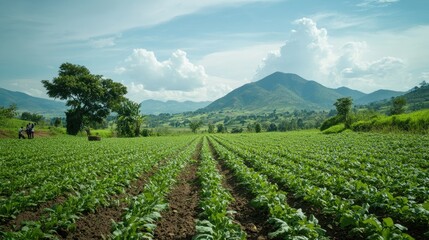 Fototapeta premium Serene Mountain Landscape with Lush Green Farmland