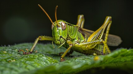 Fototapeta premium Vibrant Green Grasshopper on Lush Leaf
