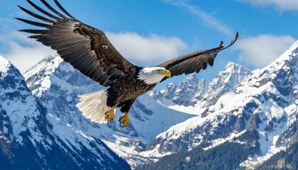 Majestic Bald Eagle Soaring Above Snow-Capped Mountains in a Crisp Blue Sky