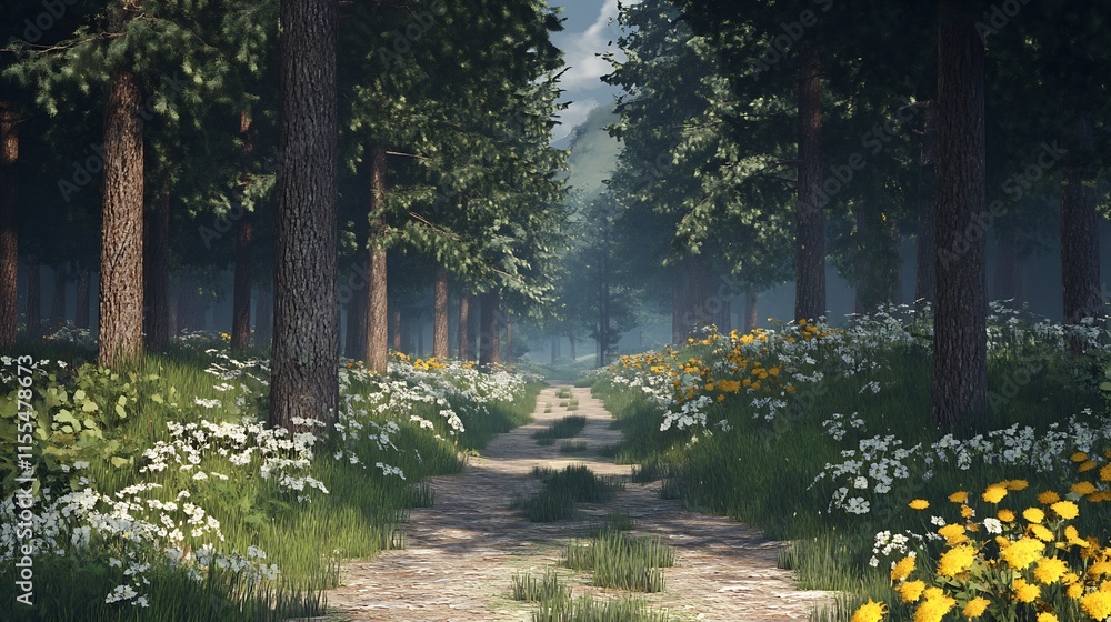 Poster vibrant summer forest path lined with lush greenery and wildflowers : generative ai