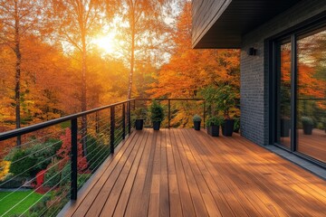 Fototapeta premium Serene autumn sunset over a wooden balcony surrounded by vibrant fall foliage