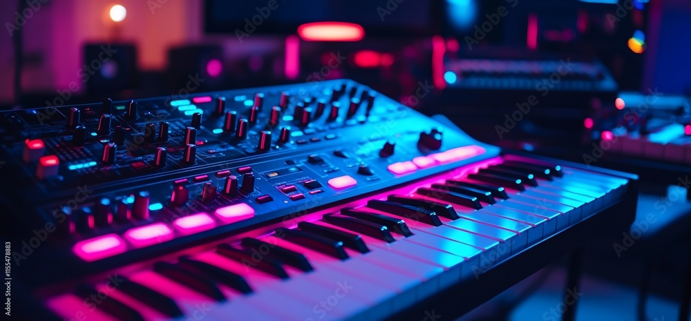 Poster a close-up of a synthesizer with colorful lights in a music studio.