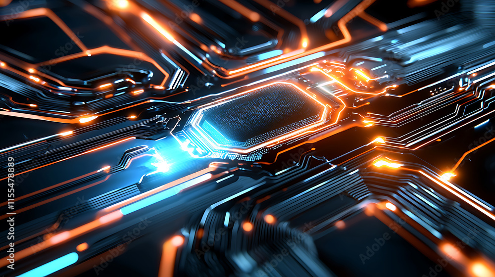 Poster dynamic circuit board interaction futuristic tech lab digital art neon environment close-up view inn