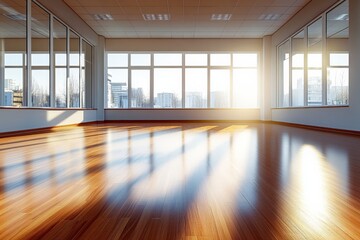 Spacious empty office with wooden floor and large windows capturing sunset light in a modern urban setting