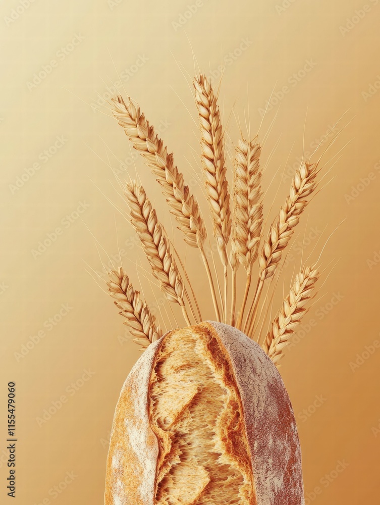 Aufkleber minimalist bread loaf with wheat grains on a golden background, perfect for mock up and copy space. 