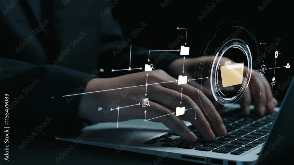 Poster business person managing online documents folders for efficient work processes. ensure secure and qu
