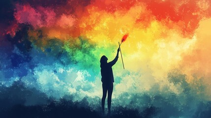 Silhouette of a woman painting a vibrant, colorful sky.