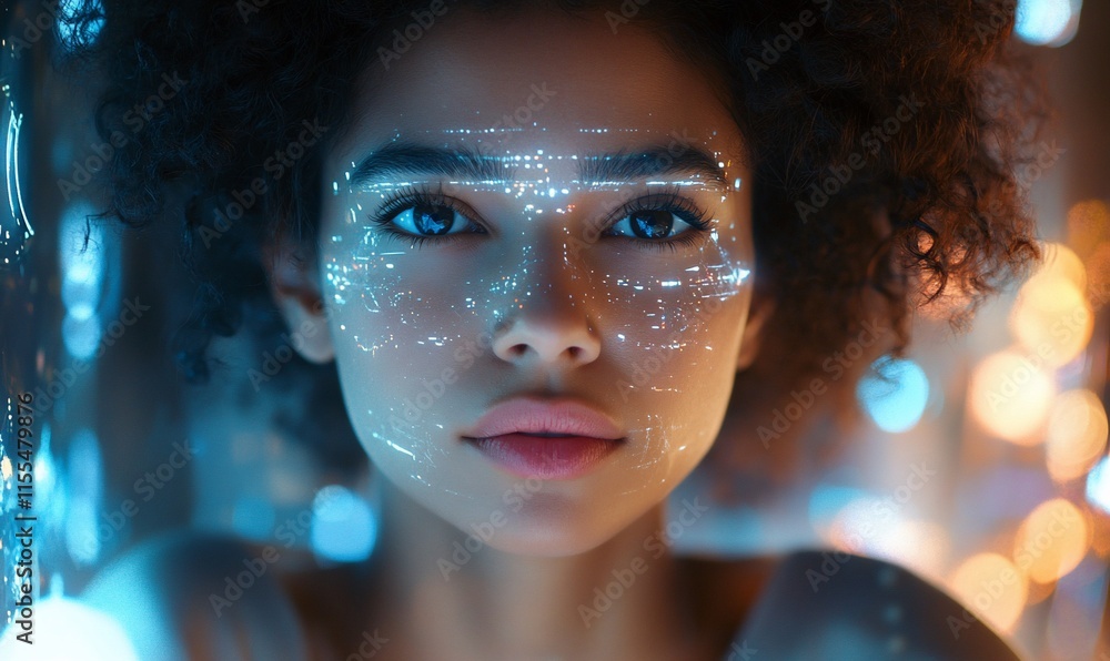 Poster a close-up of a woman's face illuminated with digital patterns and lights.