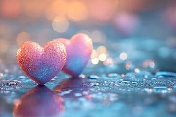 Fototapeta premium Romantic hearts in soft pastel shades glisten on a wet surface during a serene twilight moment