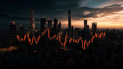 Fototapeta premium Algorithmic trading and machine learning impact on financial markets in urban landscapes at dusk
