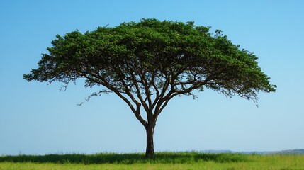 Fototapeta premium Elegant Acacia Tree Silhouette Against Clear Blue Sky in Safari Landscape : Generative AI