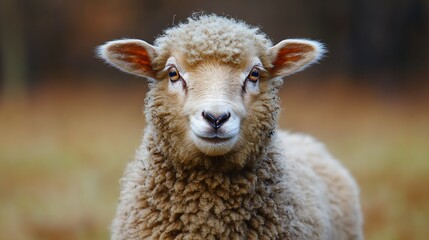 Fototapeta premium Woolly Sheep Staring with Big Eyes in Open Field During Autumn Season : Generative AI