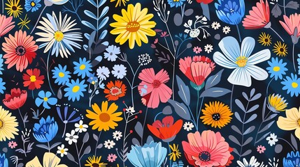 Obraz premium A seamless pattern of colorful flowers on a dark blue background.