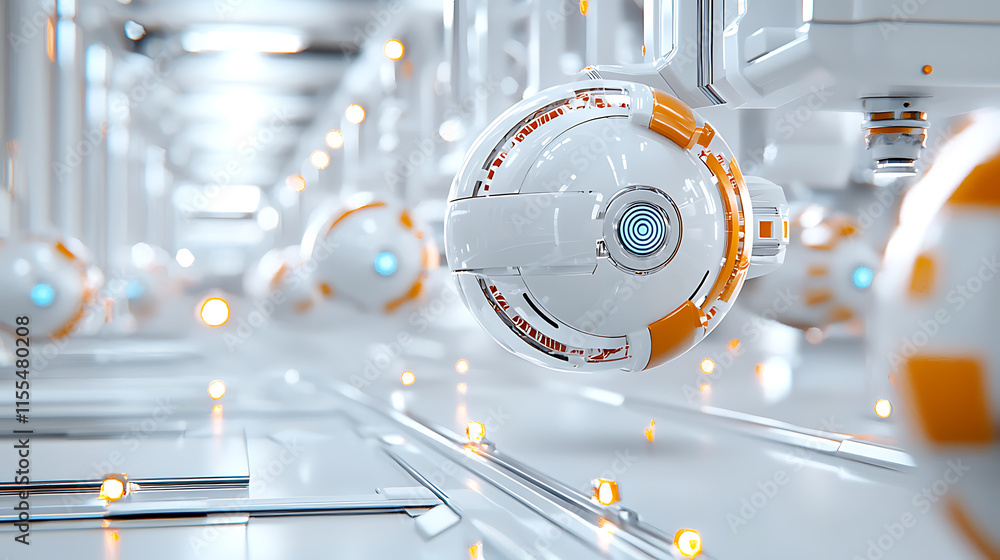 Poster robotic sphere movement in a high-tech factory industrial setting digital art futuristic environment